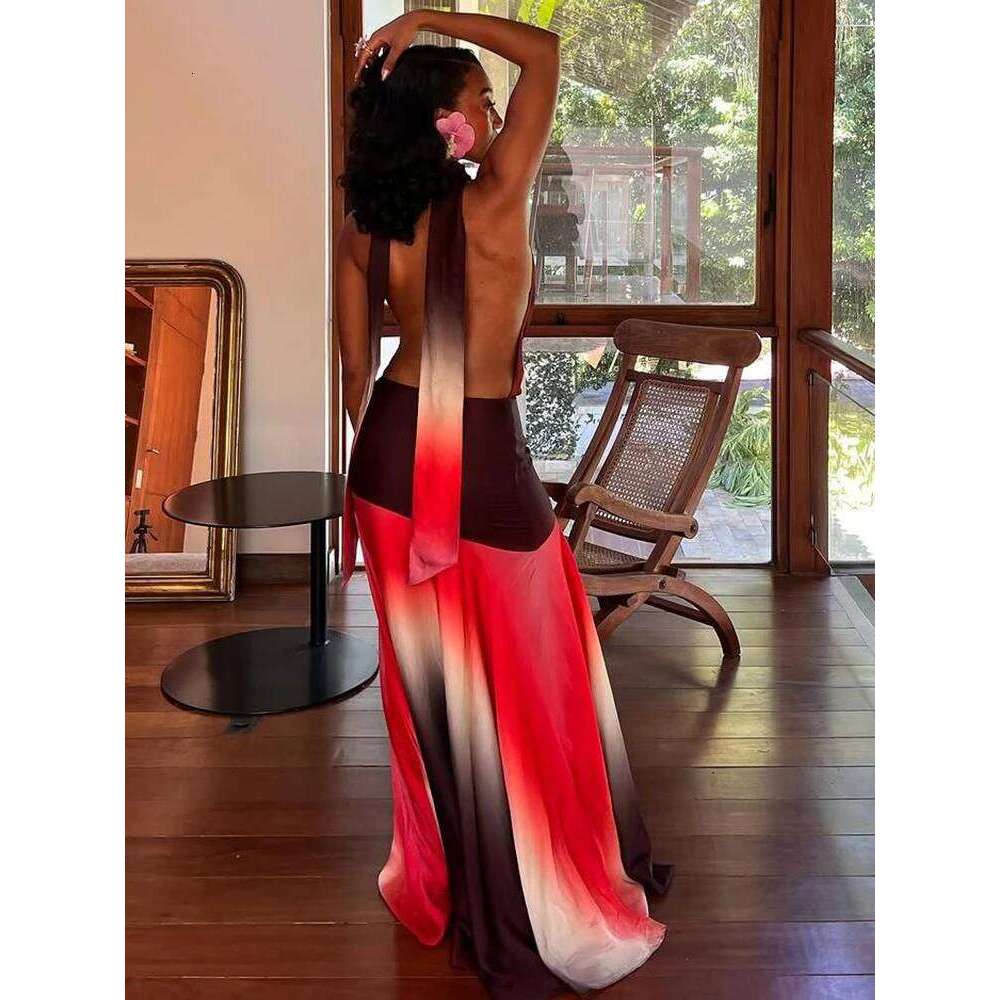 Sisterlinda Summer Release Junior Fashion Leisure Sexy High Street Long Dress K25D66166 Girl Printing Halter Slim Backless Robe C260311