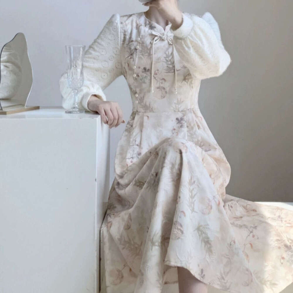 New Chinese-Style Floral Women, Autumn Winter New Model, With Added Fleece And Thickness, Suitable For Layering Under A Coat, Long Cheongsam Dress