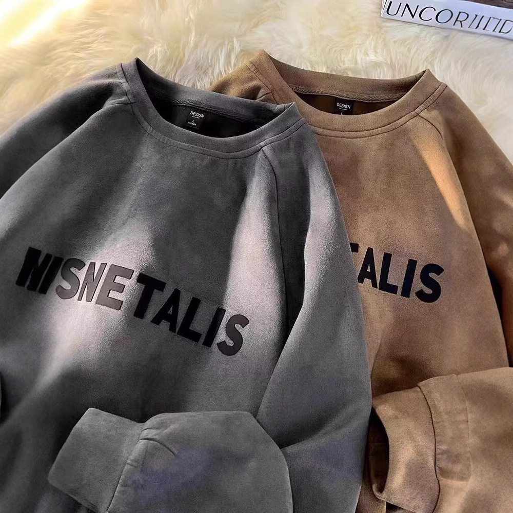 Heavyweight Suede -style Hoodless Crew Neck Sweatshirt For Men New Early Spring Designer Hoodie And Autumn Trendy Brand Couple's Loose-fitting Ja