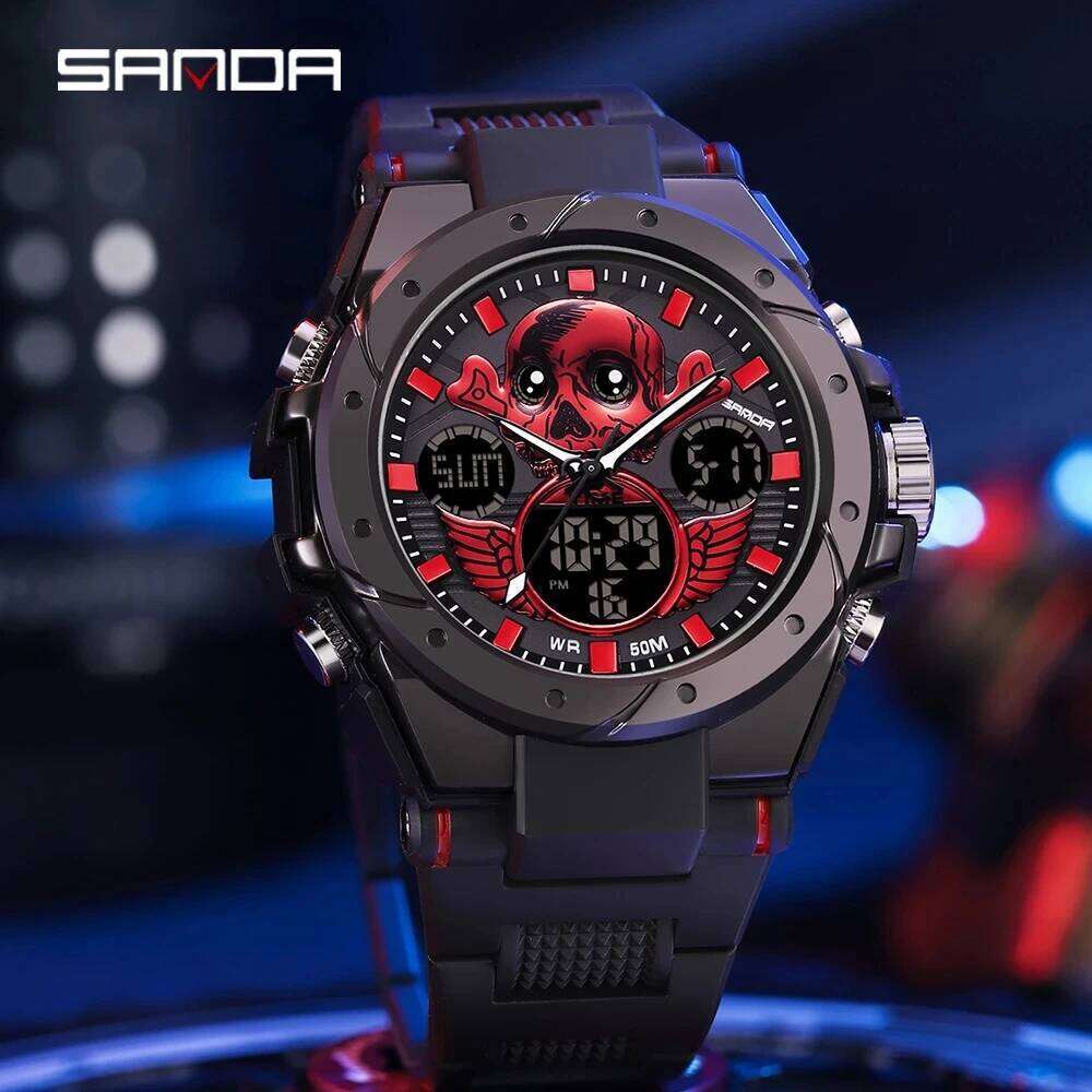 SANDA Top Brand 6087 Military Sports Dual Display Waterproof LED Men's Skull Electronic Watch