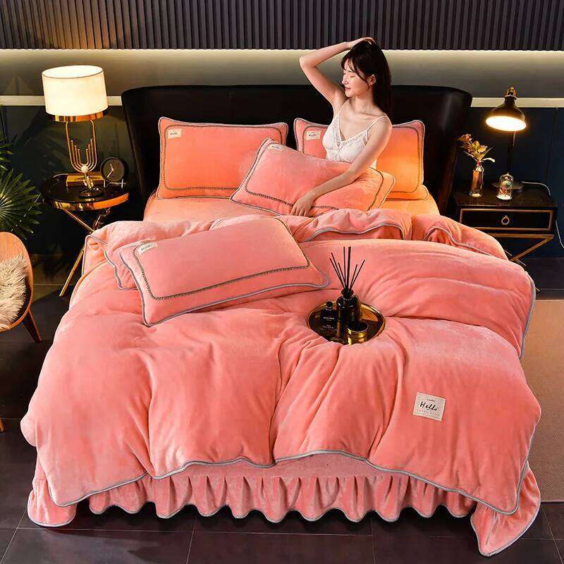 2025 solid color milk fleece four-piece set, winter thickened warm student dormitory bed sheet 4-piece set H260312