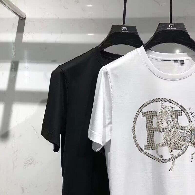 European High-End Brand Men's Pure Cotton Short-Sleeve T-Shirt, 2025 New Summer Style, Personalized Trendy Print With Rhinestone Embellishments A