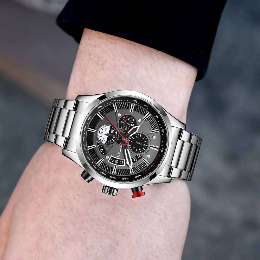 4pcs/set, BORUSE Luxury Watches & Cross Necklace Sets, Mens Stainless Steel Quartz Casual Date Watch for Men Wristwatch