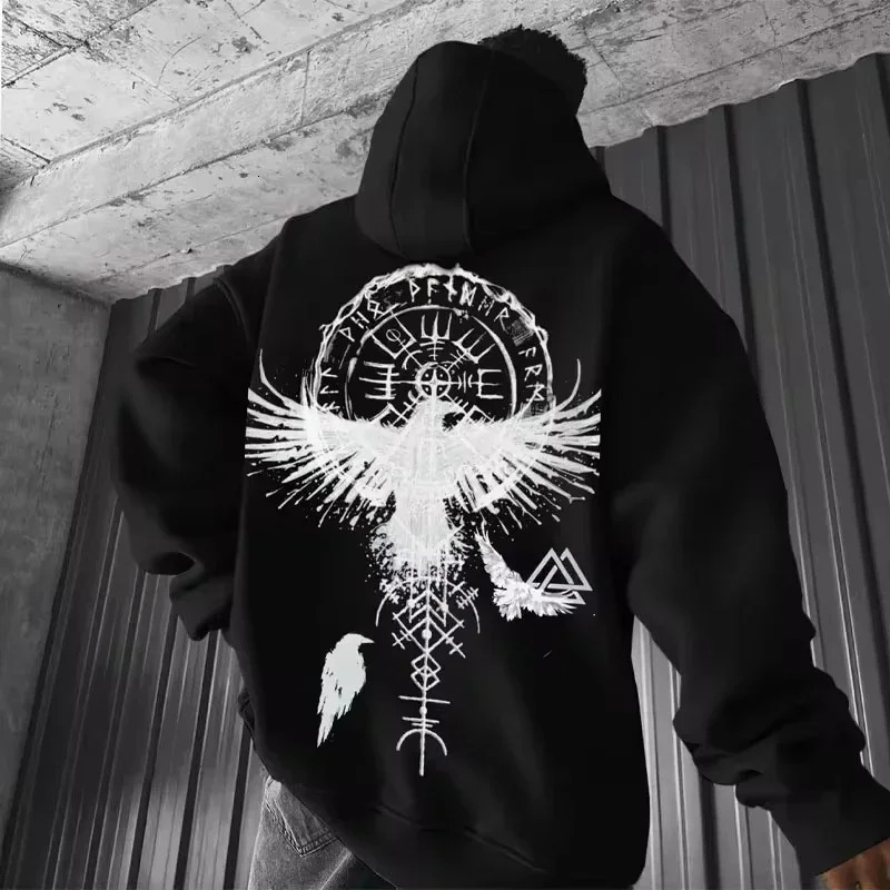 Mens Viking Totem Printed Hooded Sweatshirt Y2K Cotton Hooded Sweatshirt Loose Eagle Pattern Fresh Sport functional Fashionable 260311