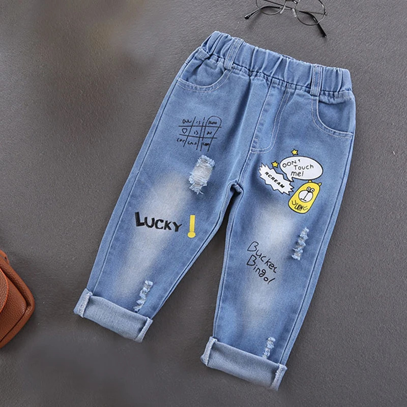 Spring Autumn Children Jeans Boys Cotton Print Splice Stretch Denim Pants Korean Teenage Trousers Wear Kids ClothingDenimRipped 260311