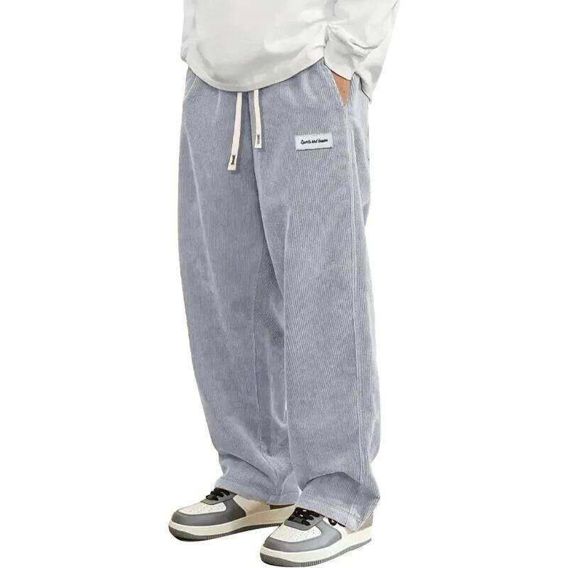 New Mens Corduroy Casual Fashion Loose Fit Baggy Pants Straight Sweatpants Elastic Waist Drawstring Outdoor Streetwear