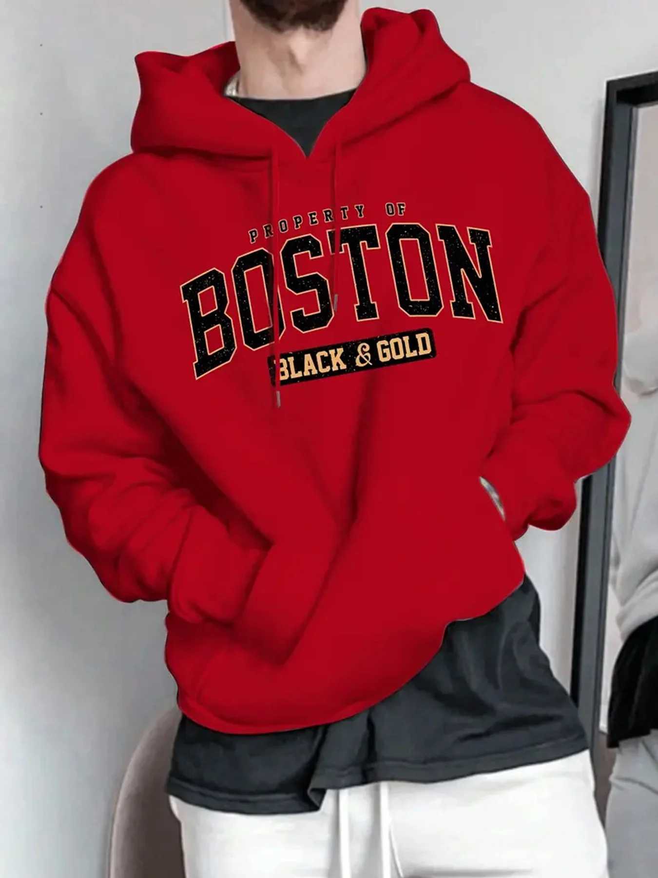 Mens Boston Letter Printed Fleece Warm Hood Adjustable Drawstring Comfortable Outdoor Use Autumn Winter Casual Fashion Hoodie M260312