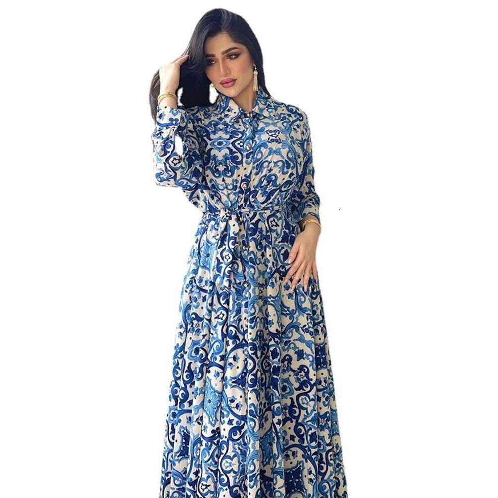 Women Fashion Elegant Printed A-line Shirt Dress, Casual Lapel Belted Large Swing Long Dress for Ladies
