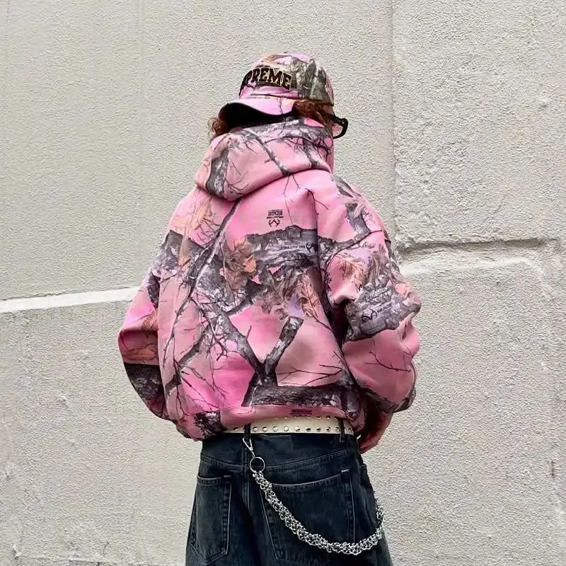Y2K Retro Zip Up Hoodie Pink Branch Camo Print Pattern Sweatshirt Streetwear Harajuku Trendy Casual Camouflage Unisex Boxy Coat 260311