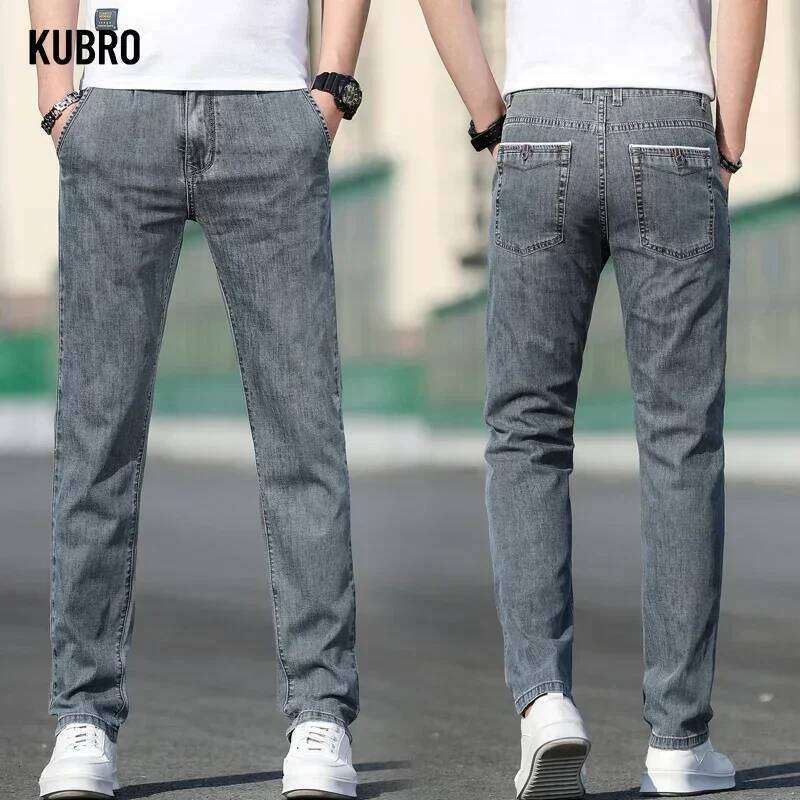 KUBRO Summer New Men's Loose Gray Jeans Fashion Casual Stretch Straight-leg Denim Pants Male Light Blue Brand 26Y0312