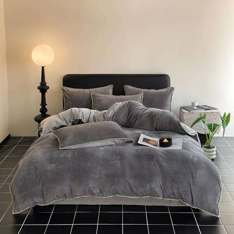 2024 new matte thin strip shell edge winter four-piece set milk coral fleece thickened warm bed sheet quilt cover H260312