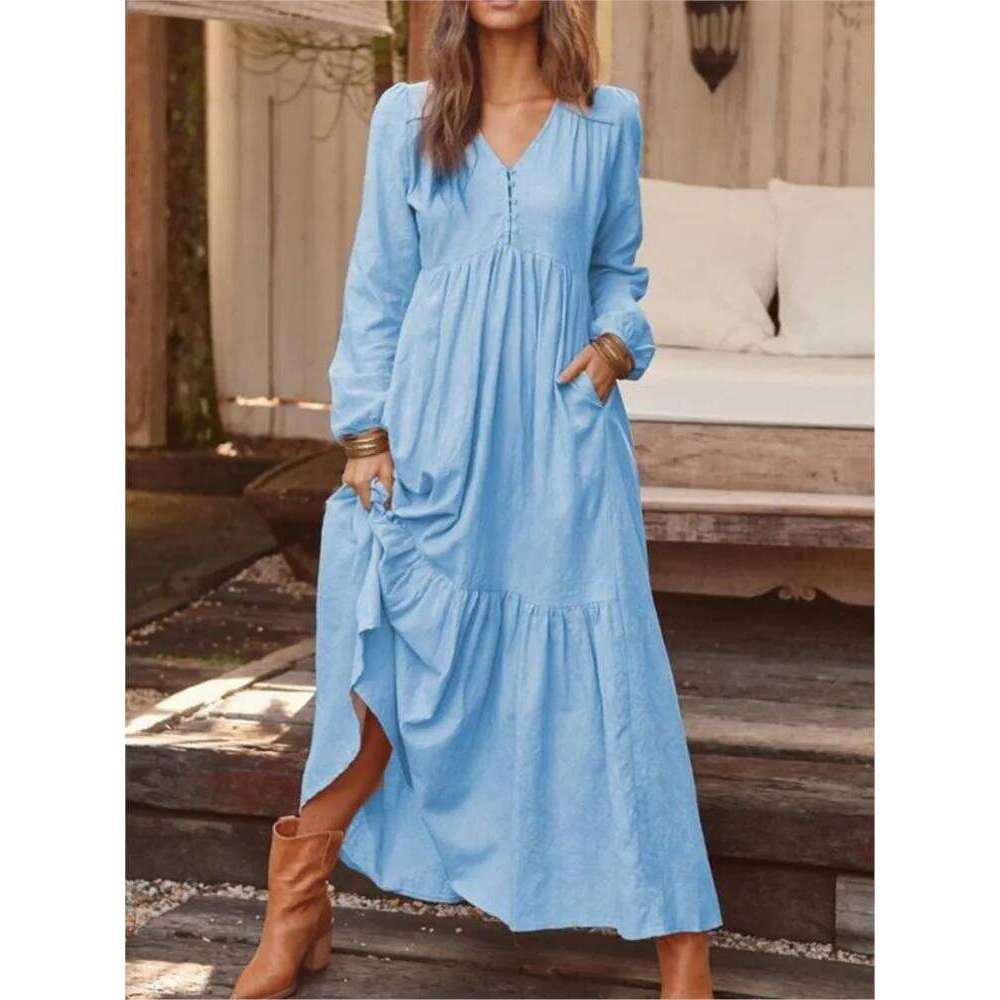 New Autumn Winter Women's Retro Fashion V-neck Button Long-sleeved Casual Wide Swing Cotton Long Dress C260312