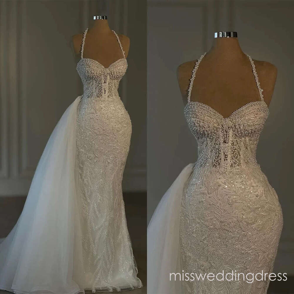 Charming Applique Wedding Dresses Halter Mermaid Bridal Gowns Detachable Train Pearls Slim Custom Made Sleeveless Vestidos De Novia