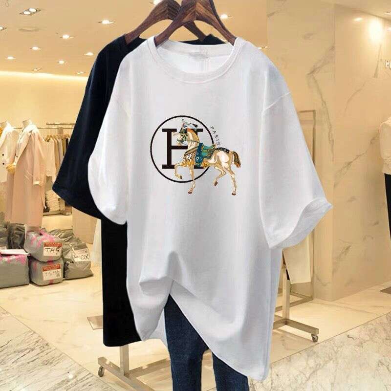 Horse-Patterned Dragon Fruit Red Women's T-Shirt New Model, Pure Cotton, Loose-Fitting, Mid-Length Short-Sleeve T-Shirt Asia Size