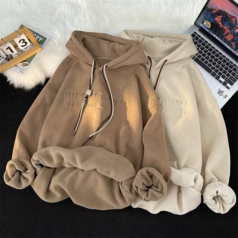 Heavyweight Hooded Sweatshirt For Men Autumn And Winter Trendy Brand Loose Designer Hoodie Fit Fleece-lined Thickened Embossed Jacket