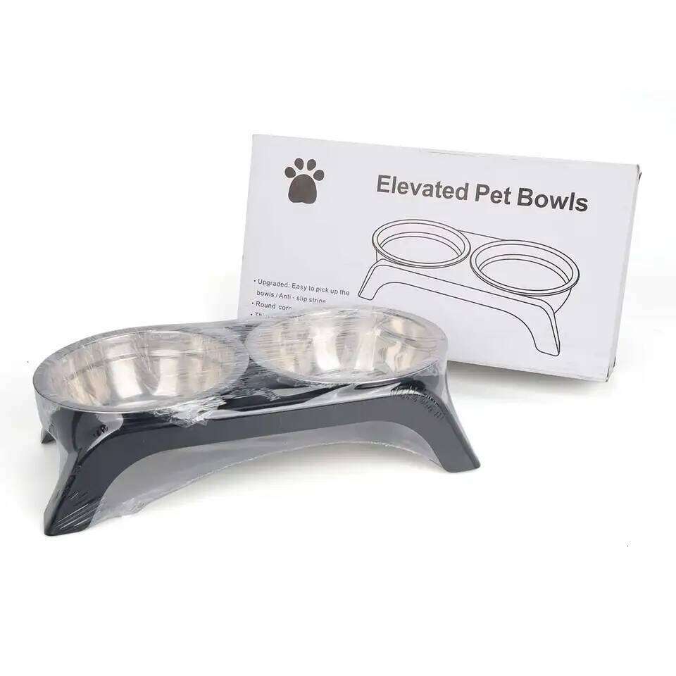 Elevated pet bowl with two stainless steel bowls, suitable for small medium-sized dogs cats, available in black and gray 26Y0312