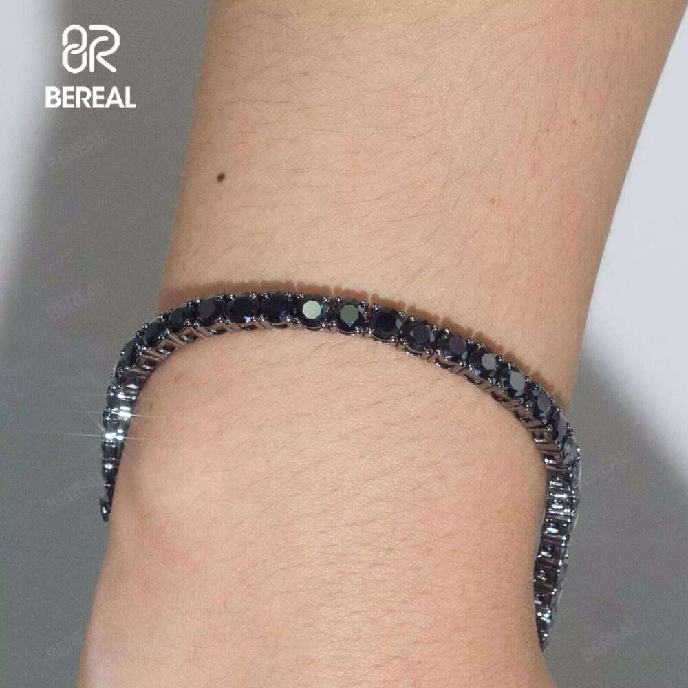 4mm Black VVS Moissanite Bracelet Iced Round Brilliant Cut sier Unisex Tennis Chain