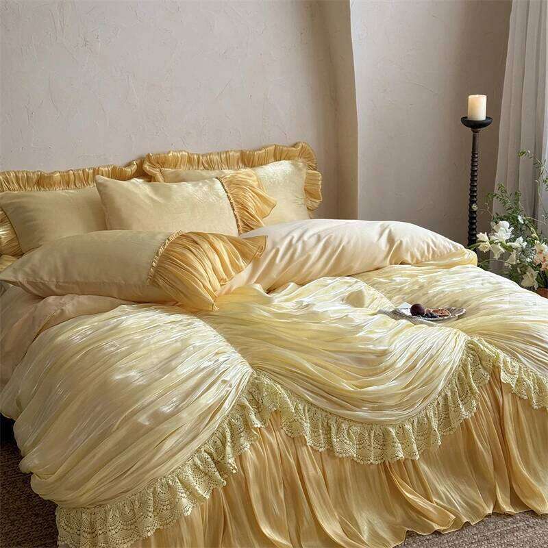 1000TC Egyptian Cotton Vintage French Palace Style Pleated Lace Ruffles Bedding Set Duvet Cover Bed Skirt Pillowcases 4Pcs H260312