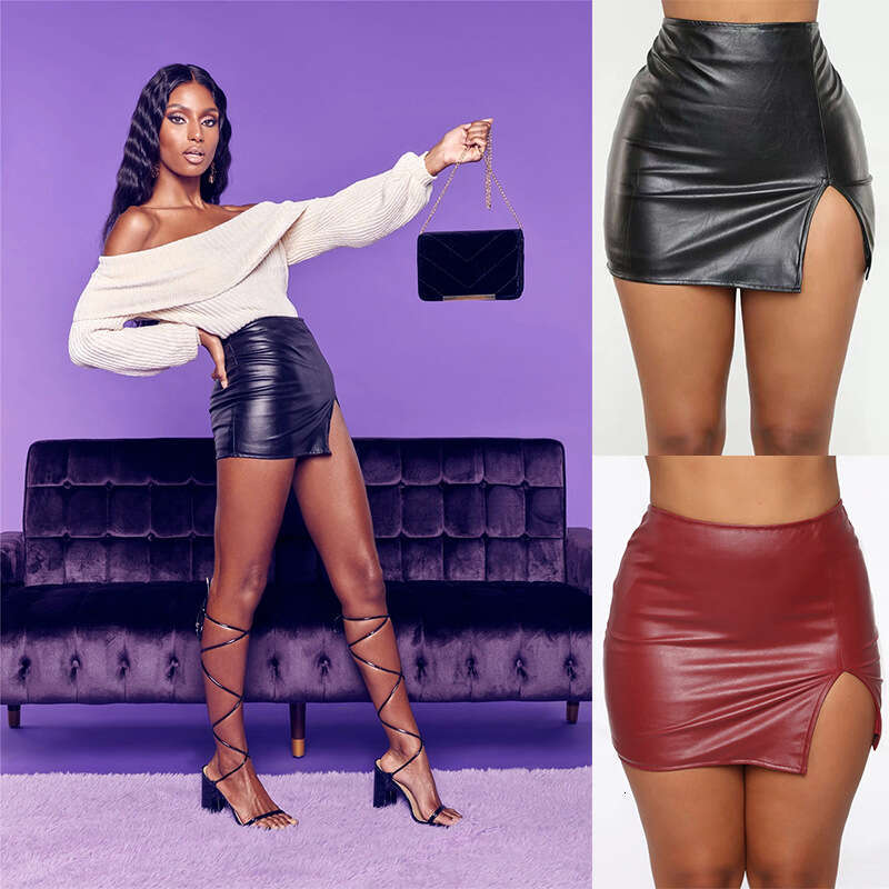 Cross-Border European and American Hot-Selling Sexy Hot Girl PU Leather Waist-Cinching Short Women's Bodycon Slit Half Skirt Factory Wholesale