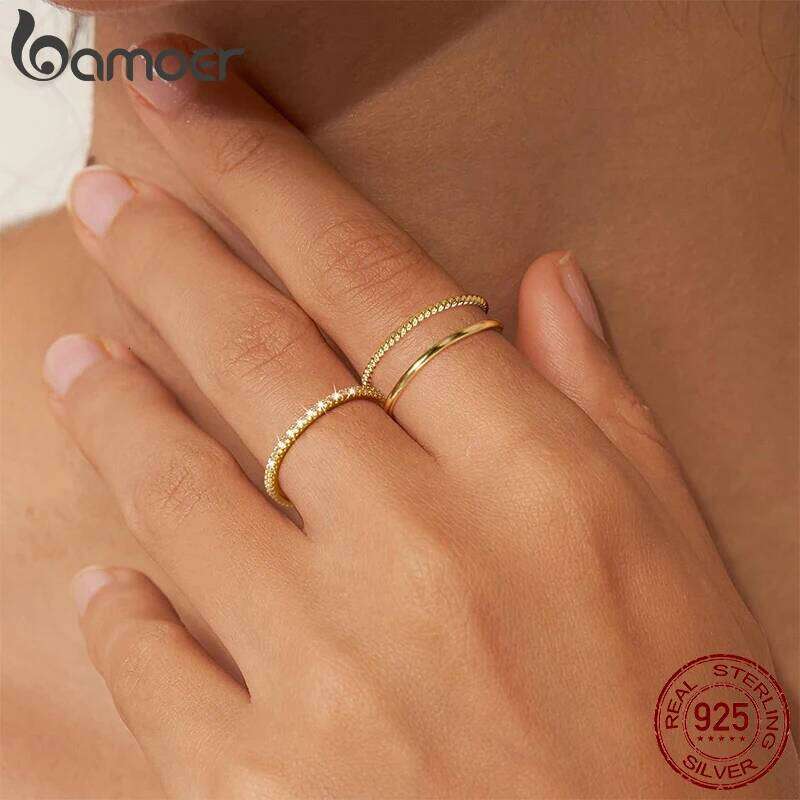 BAMOER 925 Sterling Silver 18K Gold Plated Finger Ring Full Zircons Paved for Women Dazzling Stacking Anillos Jewelry Party Gift H260312