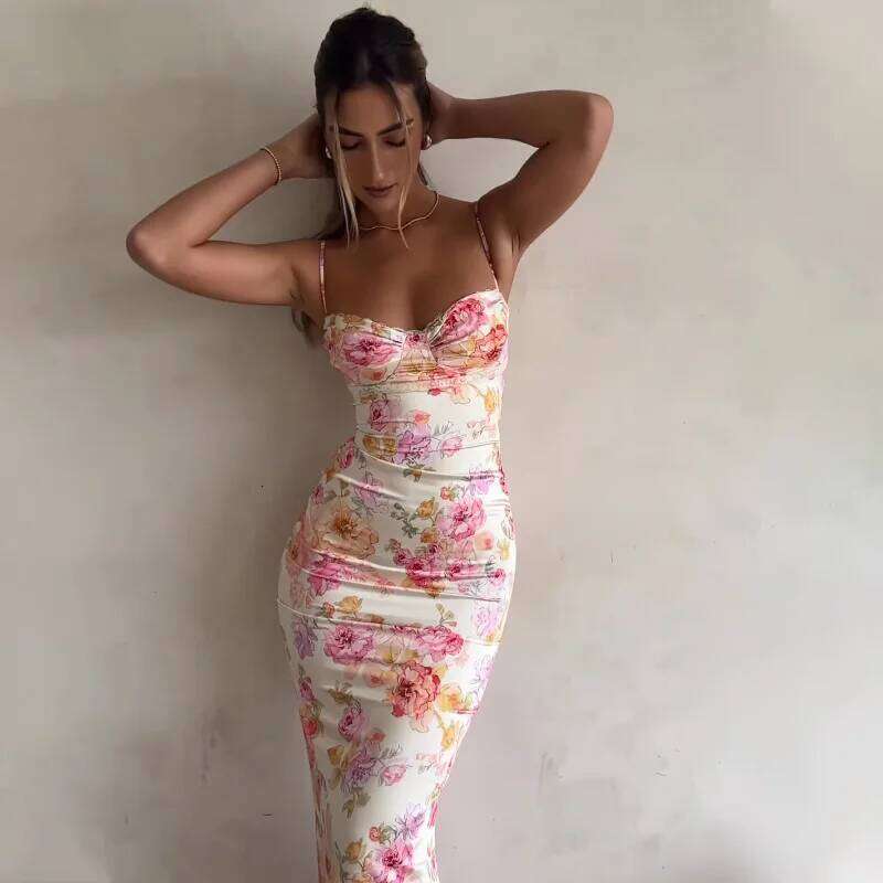 New Floral Suspender Split Slim Sleeveless Patry Beach Style Spaghetti Strap Women Clothes Mini Dress 2024 Summer C260312