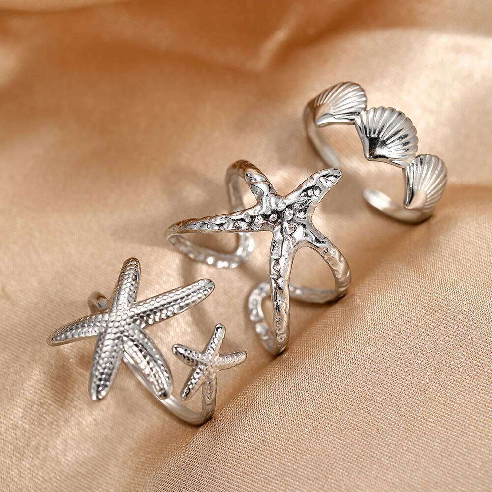 DGIDDK Stainless Steel Ring Set of 4 Resort Style Starfish Shell Women's Rings Summer Sunshine Beach Party Jewelry Gifts H260312