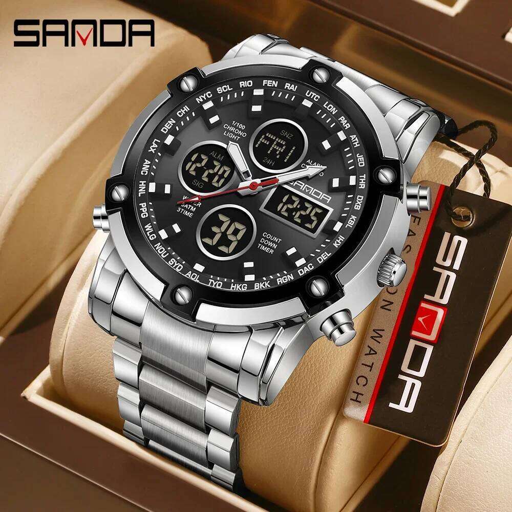 SANDA 3394 Waterproof Shock Resistant Outdoor Sports Chronograph Wristwatch New Design For Men Stainless Steel Strap Alarm Mode
