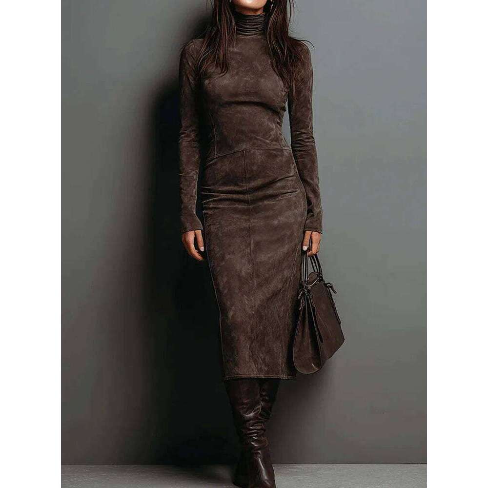 Women Holiday Long Sleeve Sheath Autumn Winter Solid Patchwork Chic Party Dress, Simple Elegant Turtleneck Ladies Dress C260312