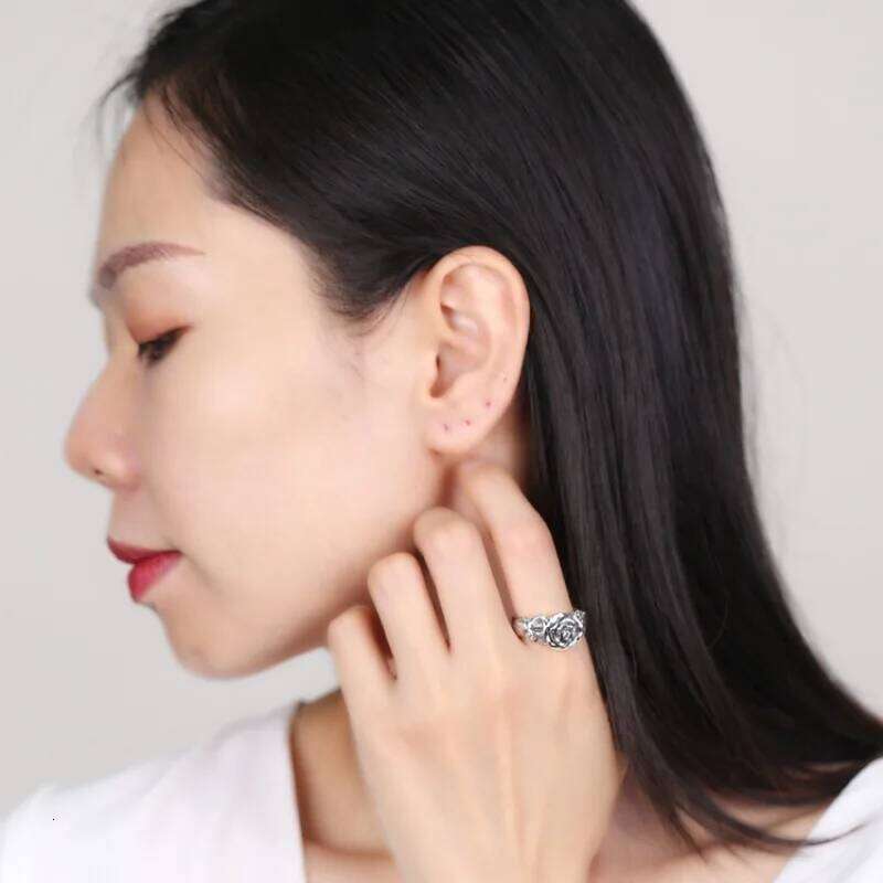 Buyee 925 Sterling Silver Couples rs Finger Rose Flower Open Ring for Women Men Fashion Gray Ethnic Fine Jewelry Circle H260312