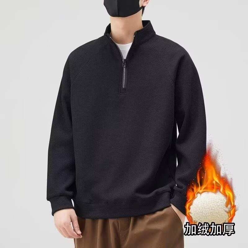 Fleece-lined Thickened Half-zip Sweatshirt For Men Loose Fit Spring And Autumn New Autumn And Designer Hoodie Winter Trendy Brand Stand Collar Pullove