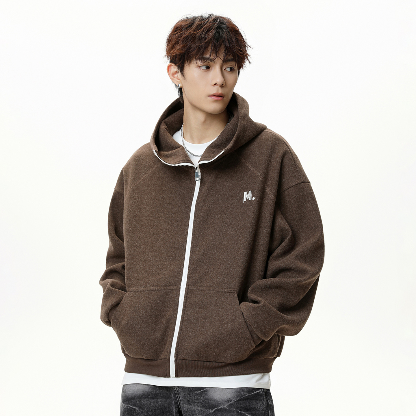 Heavy Designer Hoodie Woolen Hooded Sweatshirt Autumn Style Retro Color-block Zipper Cardigan Jacket Textured Thickened Hoodie