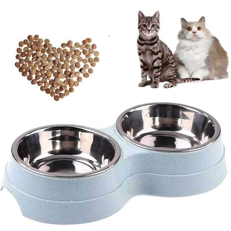 Stainless Steel Double Bowl Wheat Straw Base Dog Cats Feeder Cat Puppy Feeding Food Water Container Dispenser Pet Supplies 26Y0312