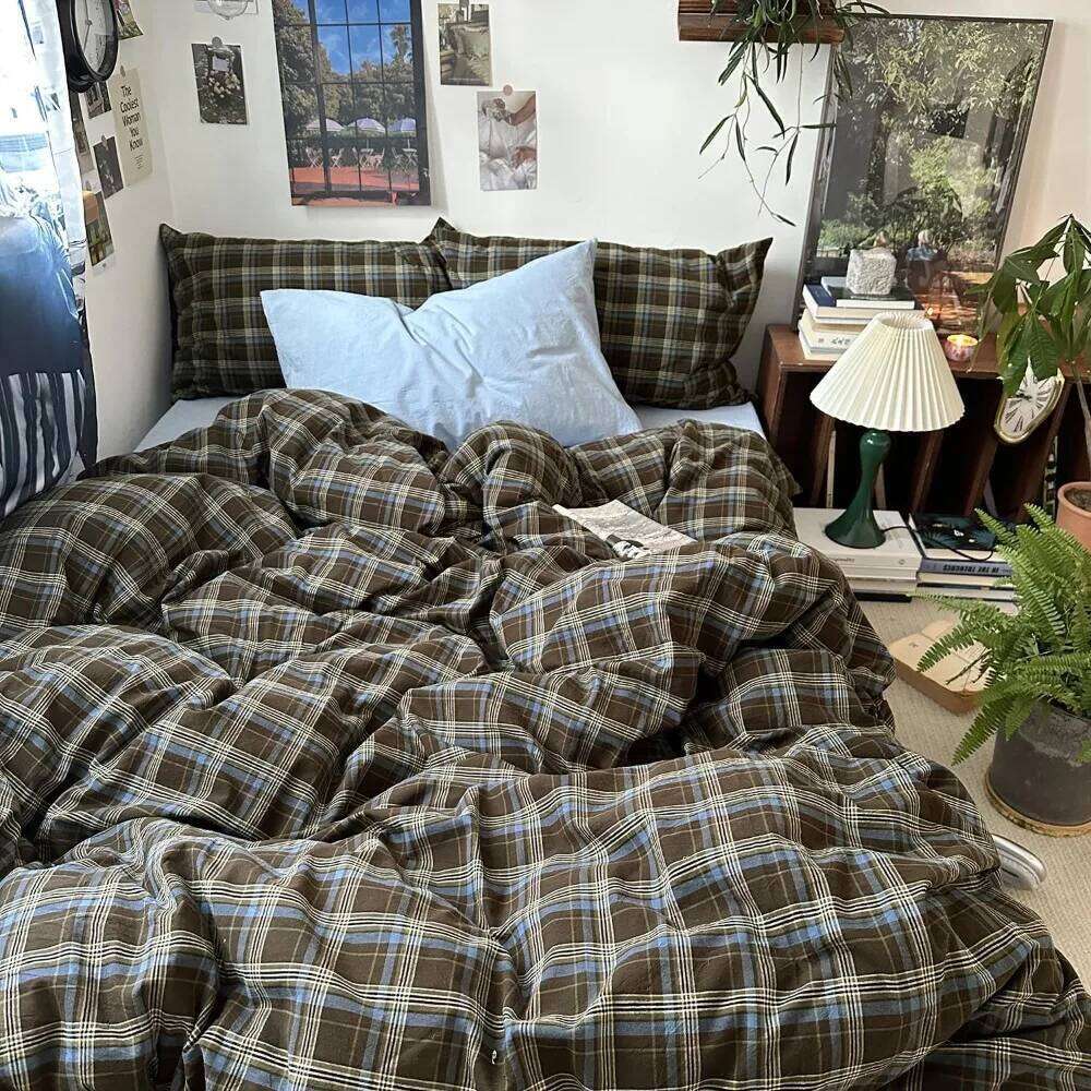 Queen Size Blue, Brown & Green Buffalo Plaid Duvet Cover Set - 3 Piece Vintage Aesthetic Bedding Set, 100% Washed Cotton, M H260312