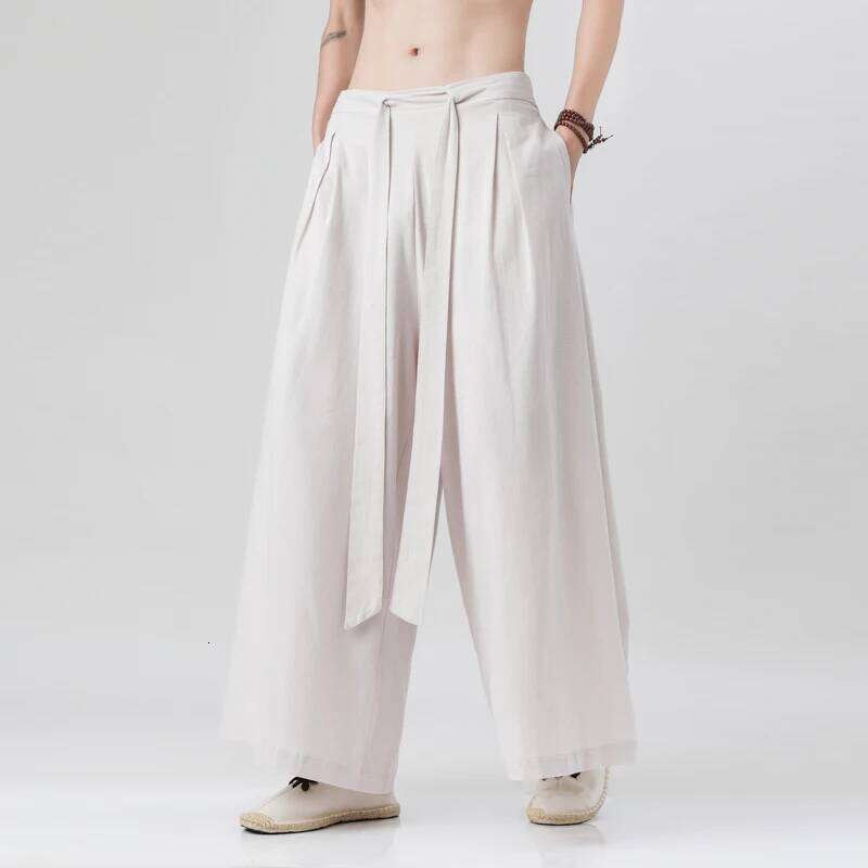 2024 Spring Chinese Style Cotton Linen Harajuku Men Kung Fu Kimono Trousers Male Street Wushu Wide Leg Pants Bottom