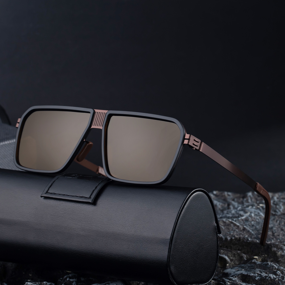 New vintage double-bridge sunglasses men, stainless steel square frame, high-end feel, polarized glasses for driving, available in bulk