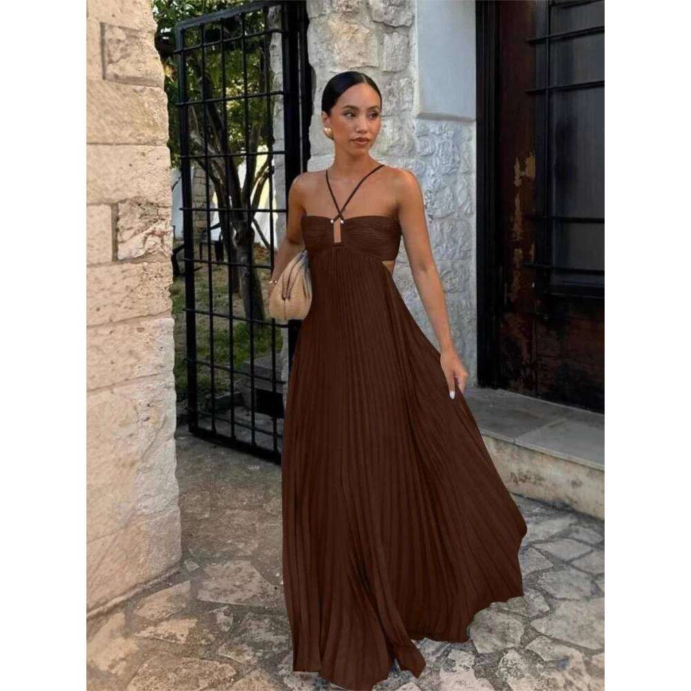 2025 New Women's Fashionable and Summer Camisole Beach Vacation Elegant Backless Pleated Long Dress C260312