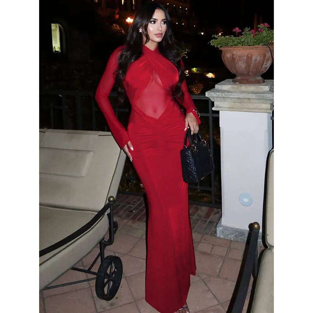 XIAOTANG Mesh Hollow Out Sleeve Sexy Maxi Dress Women Gown Elegant O Neck Ruched Bodycon Club Party Long Dresses Female C260312