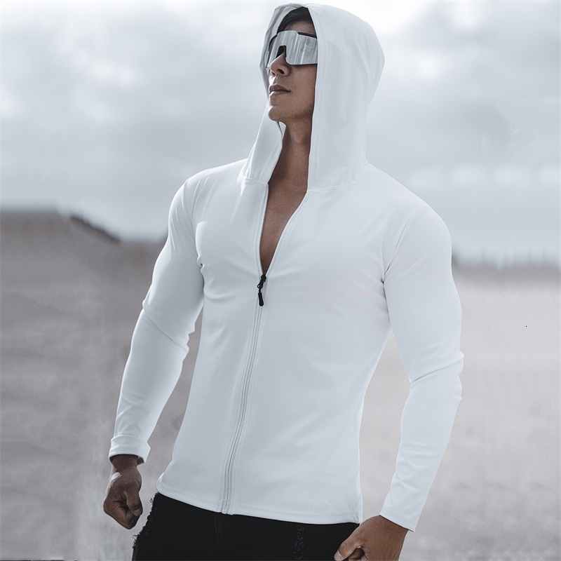 Spring and Autumn Mens Sports Casual Running Exercise Gym Training white Thin Hooded Zipper Long Sleeve Sweater 260311