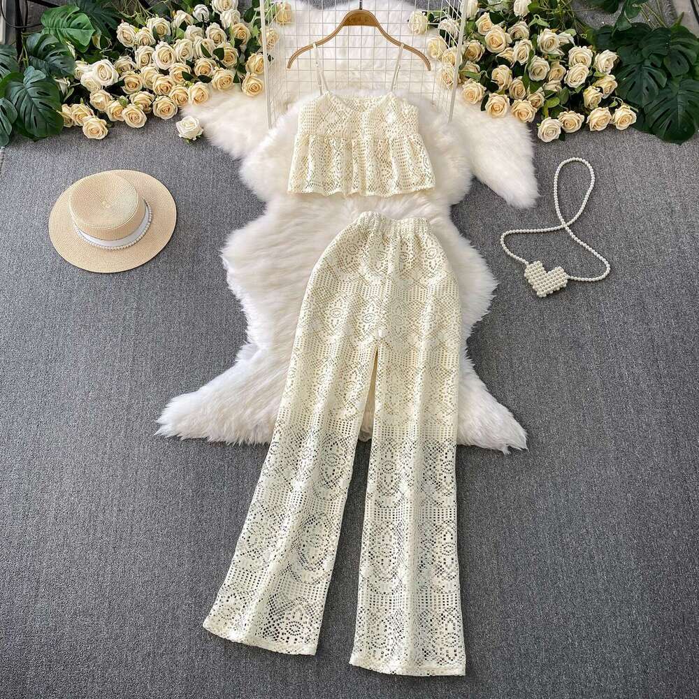 2026 designer pure desire style sexy lace hollow V-neck short vest high waist slim fit wide leg a23 pants two-piece set
