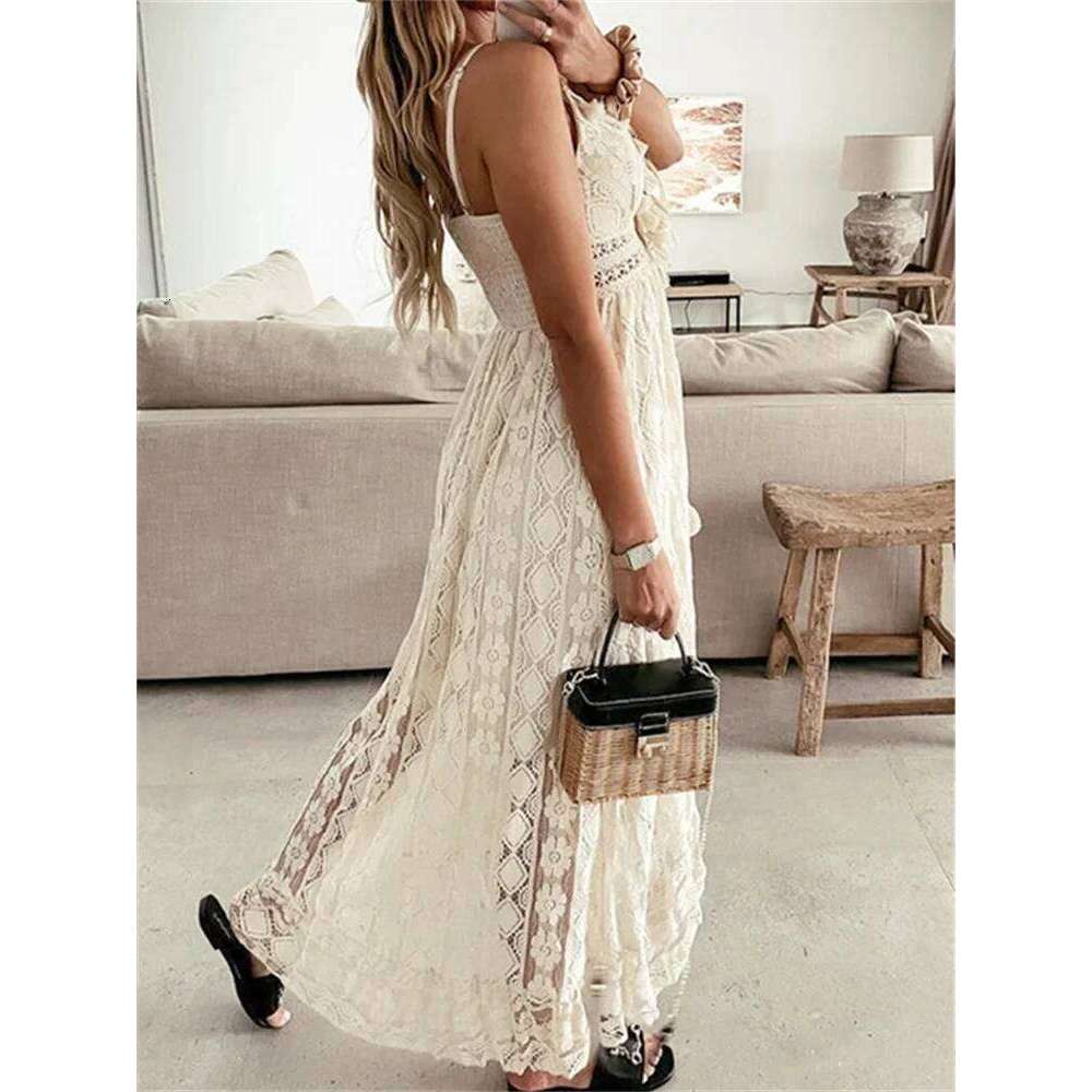 2024 New Women Lace White Long Sleeveless V Neck Flowy Ruffle Dress Summer Bohemian Retro Sexy Beach Holiday Dresses C260311