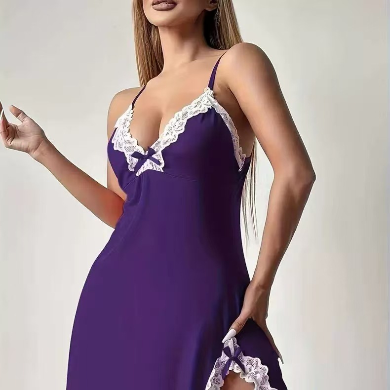 Women's Sleepwear Sexy Suspender Night gownLace Silk Satin V-Neck Nightgown Split Hem Soft Lingerie Female Chemise Deep V-Neck Backless Homewear
