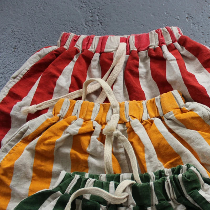 Summer 16Yrs Baby Girls Boys Shorts Cotton Linen Stripes Kids Fashion Casual Pants Children 260311