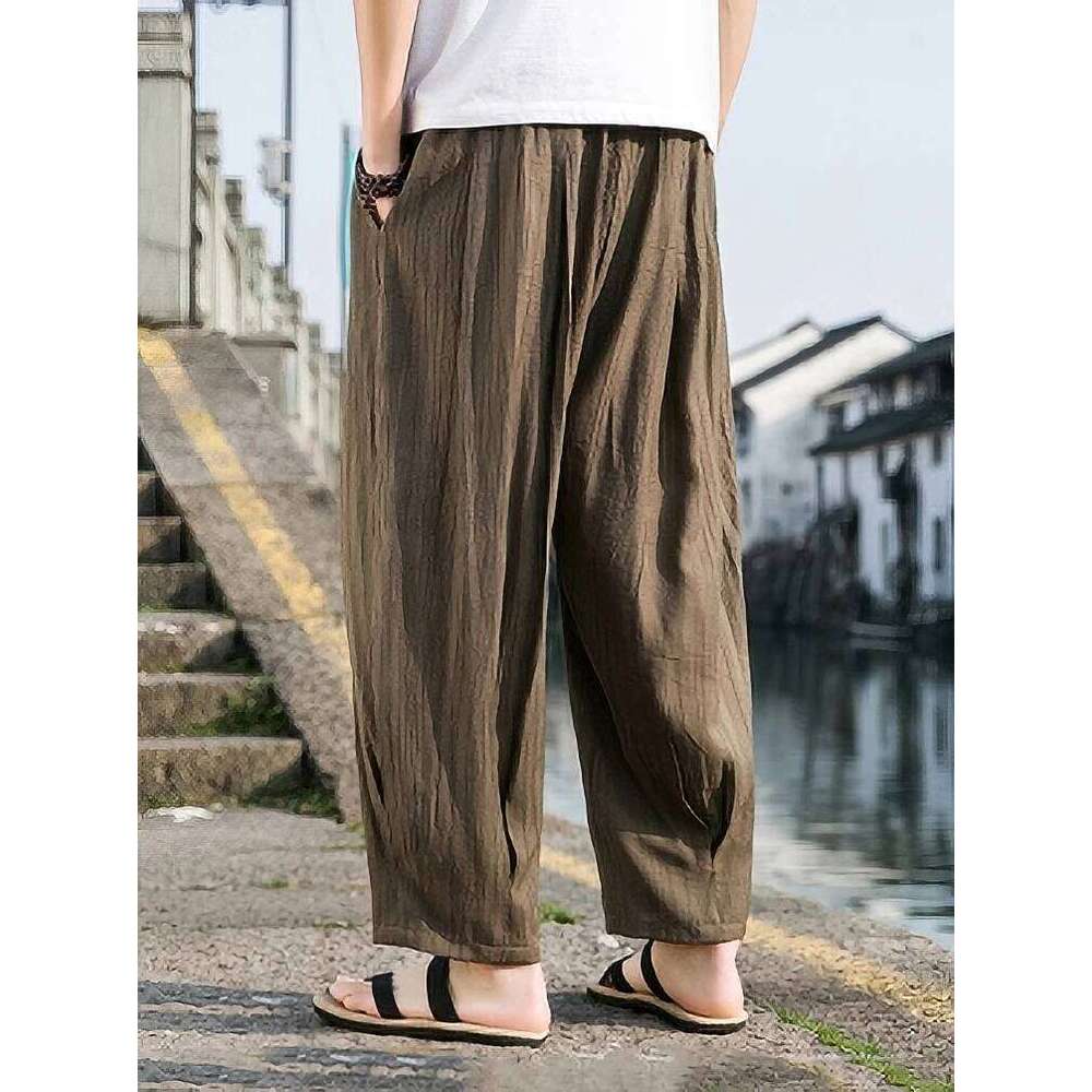 Ice Silk Casual Linen Pants Men Oversize Chinese Summer Wide leg Baggy Sweatpants Male Outdoor Sport Harem Trousers