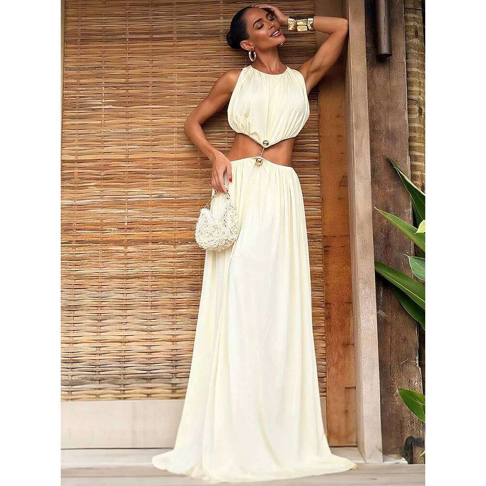Nibber Sleeveless Waistless Maxi Dress Women o-Neck Metal Trim Skinny Elegant Summer Chic Hipster Prom Party Vacation Vestidos C260312
