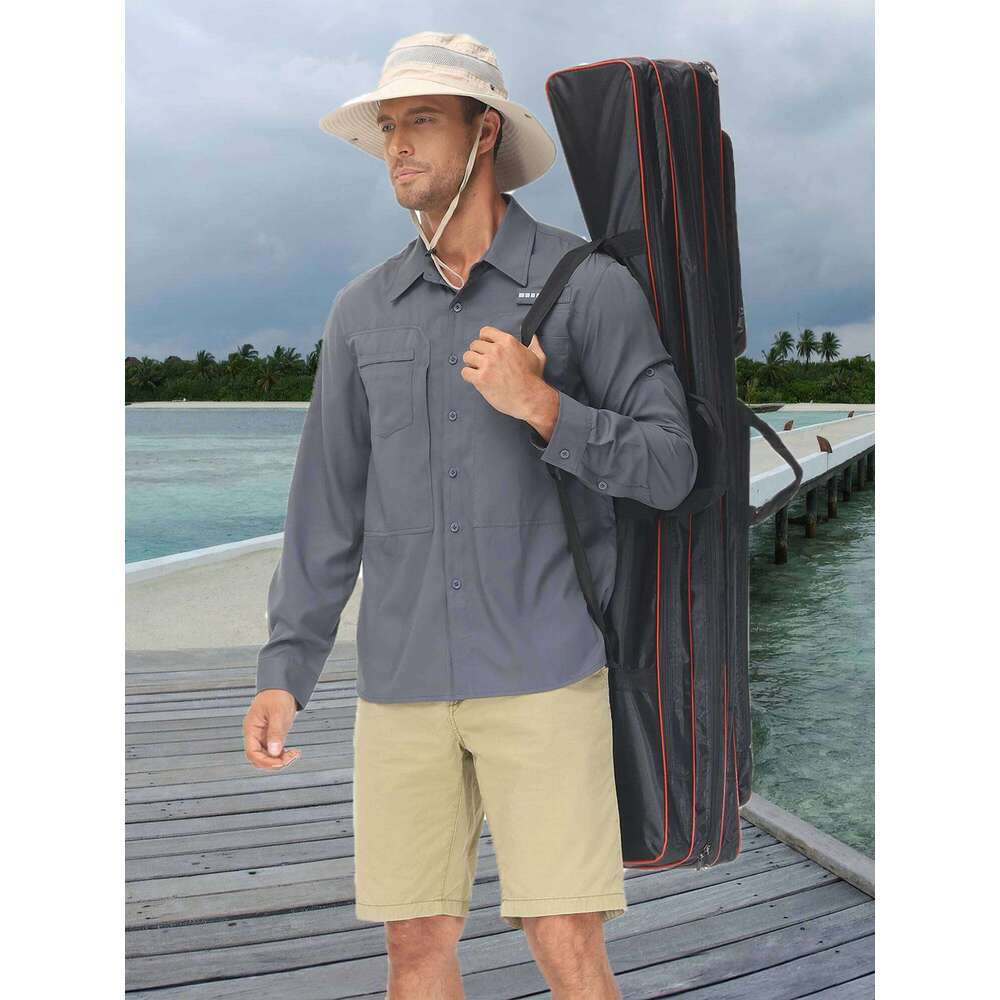 Summer Men's UPF 50+ Casual Long Sleeve Fishing Shirts, Lightweight Tactical Button Down Shirt with Breathable Back Mesh