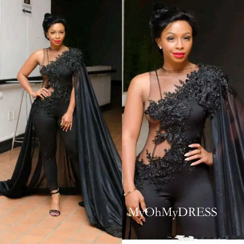 Fashion Black 2019 Jumpsuits Prom Dresses Lace Sequins Pants Suits Evening Gowns Plus Size Formal Wear Special Occasion Dress Abendkleider D0311