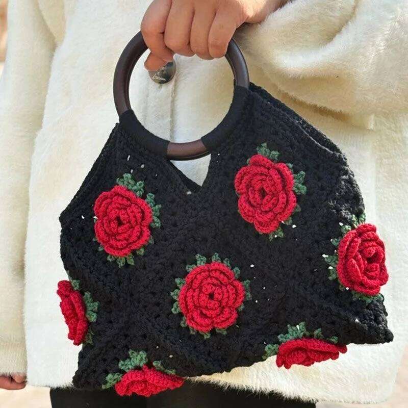 Rose Fashion Women's Crochet Handmade Flower Tote Bag Lady Exquisite Small Handbag WONST