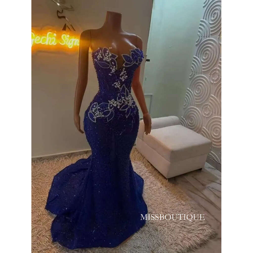 Customized Royal Blue Sequined Lace Long Sleeve Prom Dress 2026 For Black Girls African Mermiad Birthday Party Evening Gowns J21 B0312
