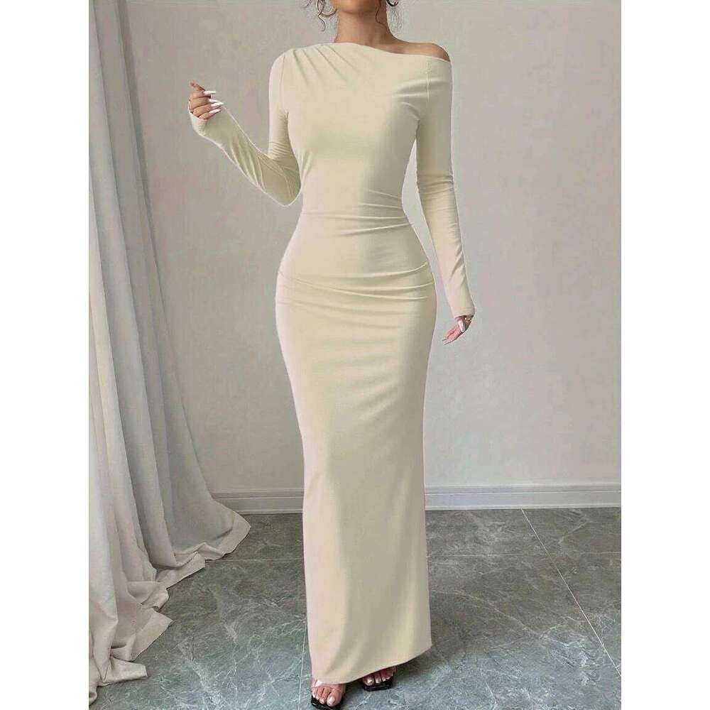 Autumn new style individual solid color trendy elegant high-waist long-sleeved figure-hugging bodycon dress sexy C260312