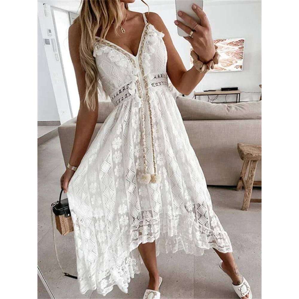 2024 New Women Lace White Long Sleeveless V Neck Flowy Ruffle Dress Summer Bohemian Retro Sexy Beach Holiday Dresses C260311